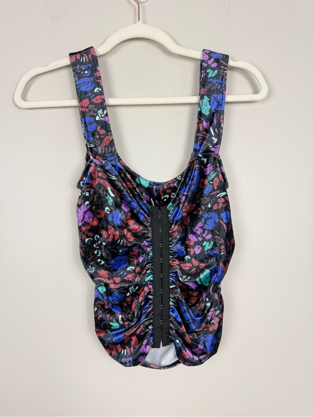 Free People Velvet Floral Corset Womens XS Blue Pink Velour Tank Top Shirt Boho